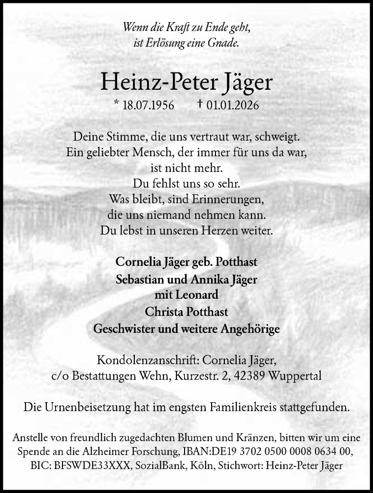  Traueranzeige für Heinz-Peter Jäger vom 24.01.2026 aus trauer.wuppertaler-rundschau.de