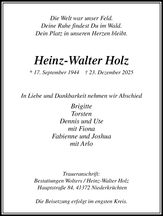 Traueranzeige von Heinz-Walter Holz von trauer.panorama-anzeigenblatt.de