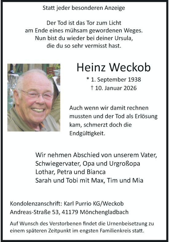 Traueranzeige von Heinz Weckob von trauer.panorama-anzeigenblatt.de