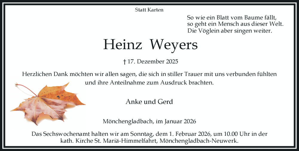  Traueranzeige für Heinz Weyers vom 11.01.2026 aus trauer.panorama-anzeigenblatt.de