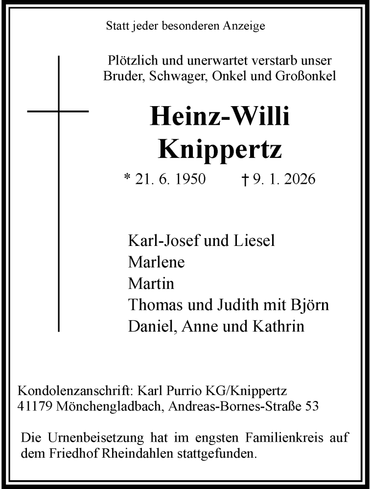  Traueranzeige für Heinz-Willi Knippertz vom 01.02.2026 aus trauer.panorama-anzeigenblatt.de