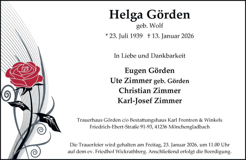  Traueranzeige für Helga Görden vom 18.01.2026 aus trauer.panorama-anzeigenblatt.de