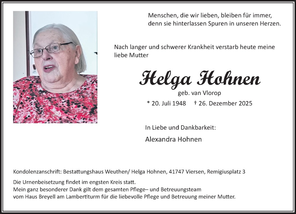  Traueranzeige für Helga Hohnen vom 04.01.2026 aus trauer.panorama-anzeigenblatt.de