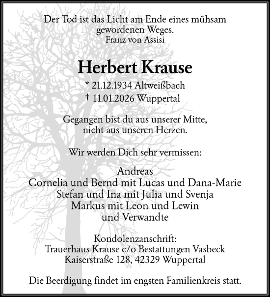 Traueranzeige von Herbert Krause von trauer.wuppertaler-rundschau.de