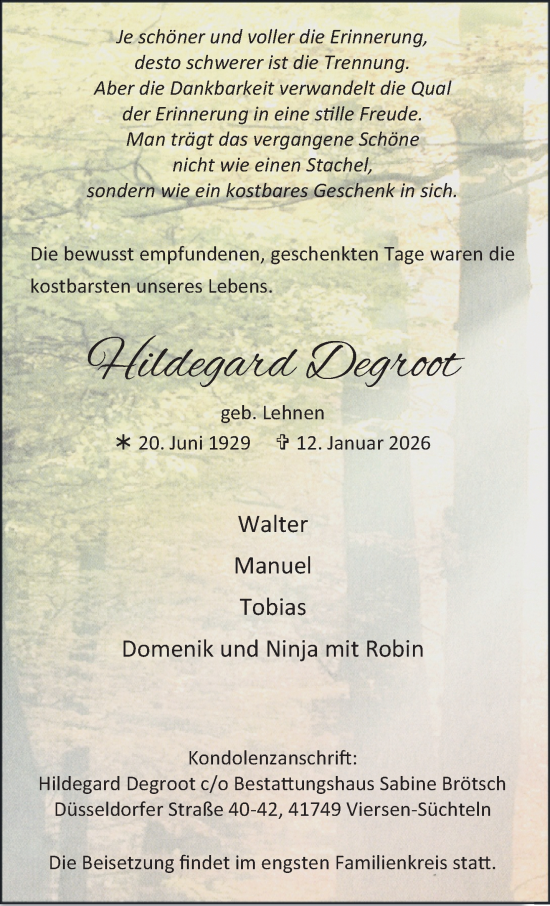 Traueranzeige von Hildegard Degroot von trauer.panorama-anzeigenblatt.de