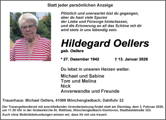Traueranzeige von Hildegard Oellers von trauer.panorama-anzeigenblatt.de