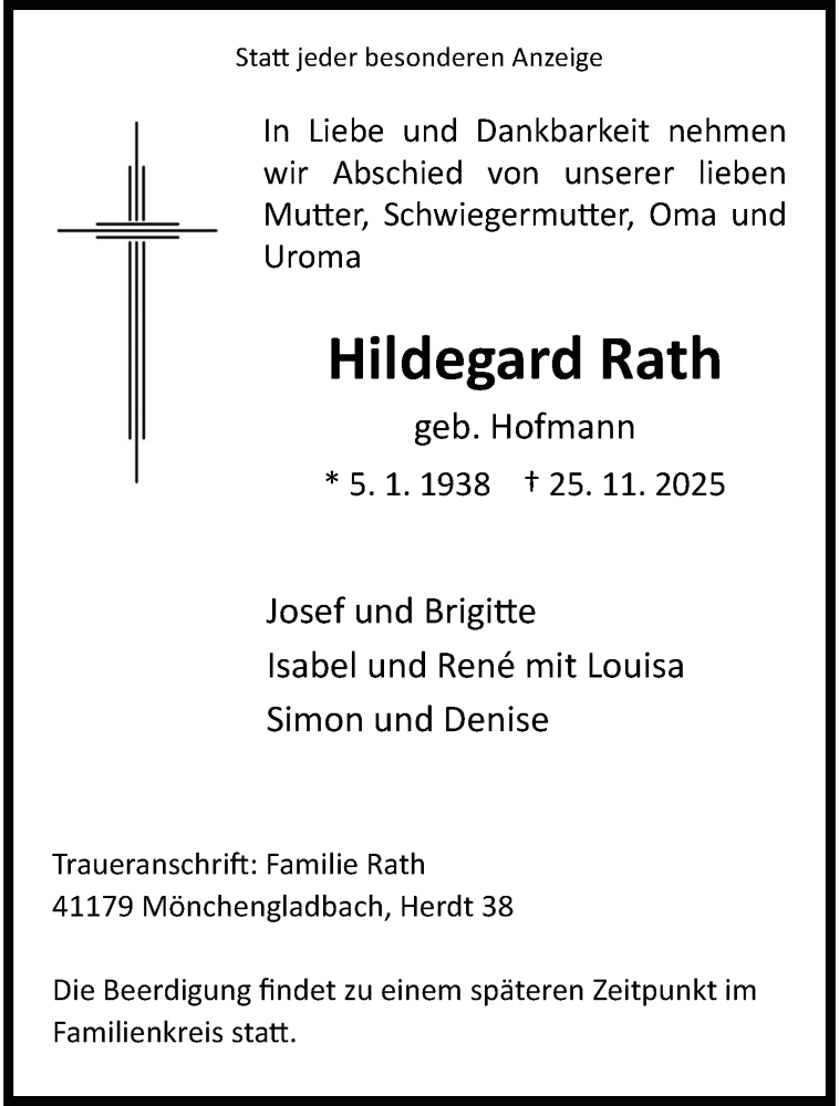  Traueranzeige für Hildegard Rath vom 04.01.2026 aus trauer.panorama-anzeigenblatt.de