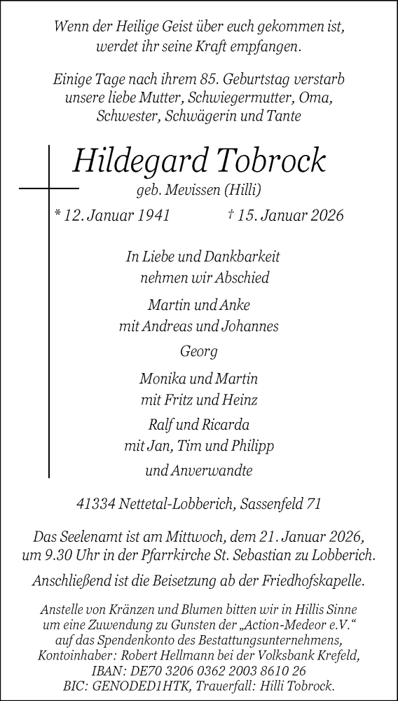  Traueranzeige für Hildegard Tobrock vom 18.01.2026 aus trauer.panorama-anzeigenblatt.de