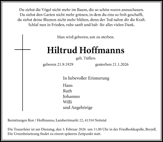 Traueranzeige von Hiltrud Hoffmanns von trauer.panorama-anzeigenblatt.de