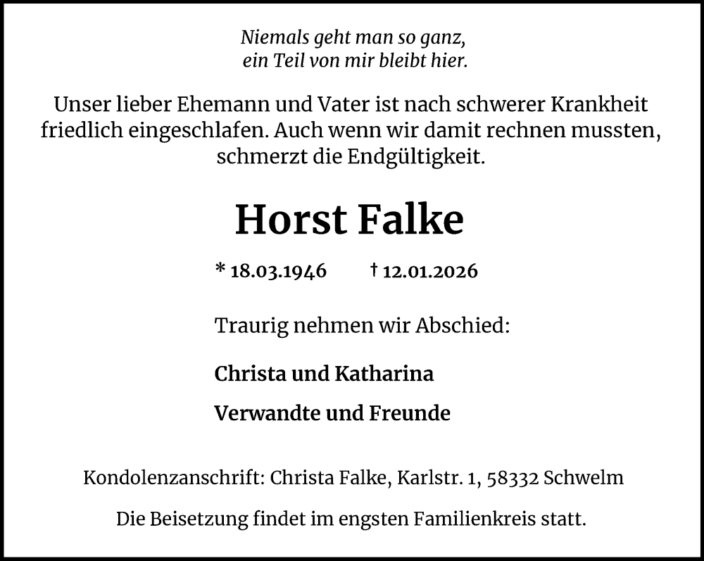 Traueranzeige für Horst Falke vom 24.01.2026 aus trauer.wuppertaler-rundschau.de