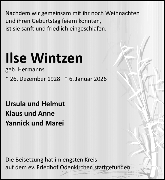 Traueranzeige von Ilse Wintzen von trauer.panorama-anzeigenblatt.de