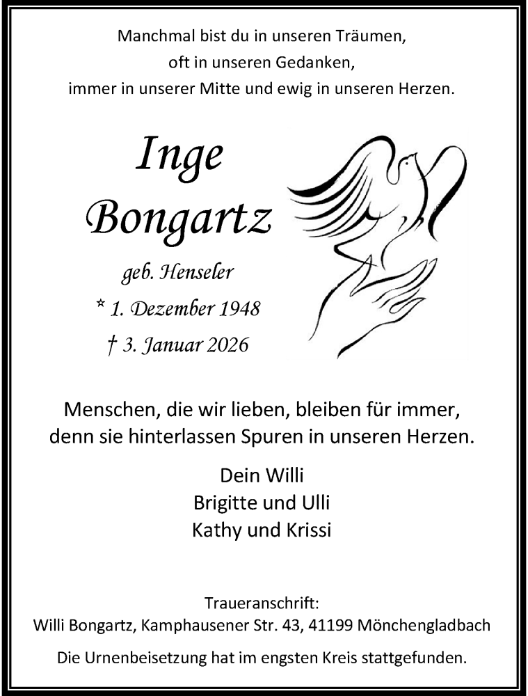  Traueranzeige für Inge Bongartz vom 18.01.2026 aus trauer.panorama-anzeigenblatt.de