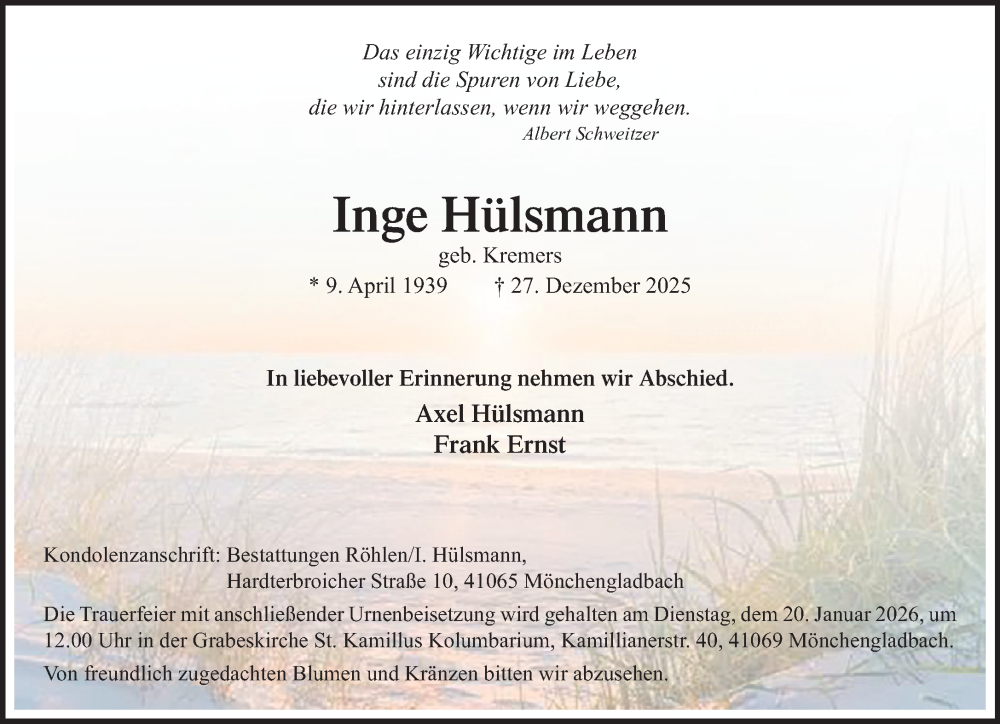  Traueranzeige für Inge Hülsmann vom 11.01.2026 aus trauer.panorama-anzeigenblatt.de