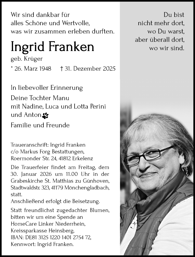  Traueranzeige für Ingrid Franken vom 11.01.2026 aus trauer.panorama-anzeigenblatt.de
