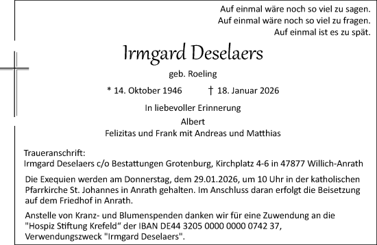 Traueranzeige von Irmgard Deselaers von trauer.panorama-anzeigenblatt.de