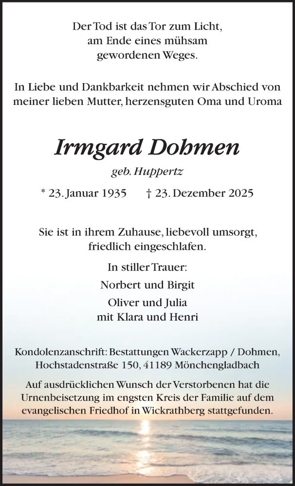  Traueranzeige für Irmgard Dohmen vom 11.01.2026 aus trauer.panorama-anzeigenblatt.de
