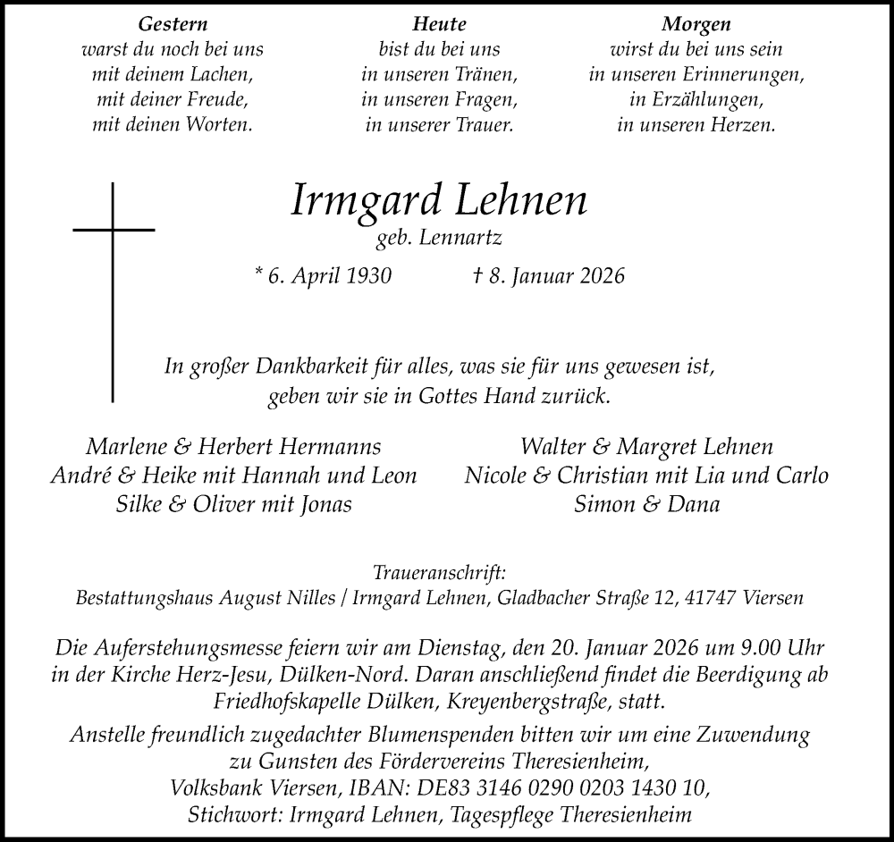  Traueranzeige für Irmgard Lehnen vom 18.01.2026 aus trauer.panorama-anzeigenblatt.de