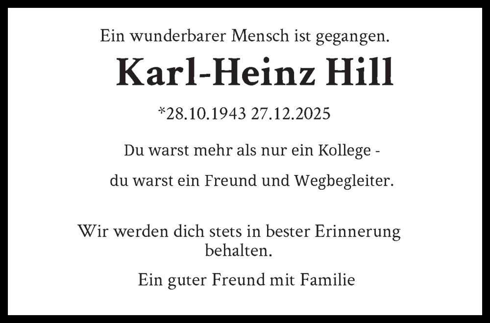  Traueranzeige für Karl-Heinz Hill vom 31.01.2026 aus trauer.wuppertaler-rundschau.de
