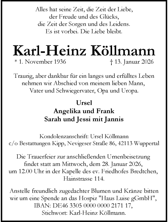 Traueranzeige von Karl-Heinz Köllmann von trauer.wuppertaler-rundschau.de