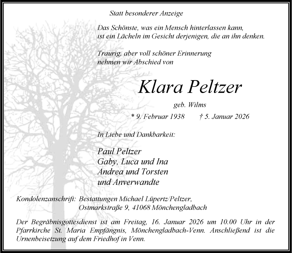  Traueranzeige für Klara Peltzer vom 11.01.2026 aus trauer.panorama-anzeigenblatt.de
