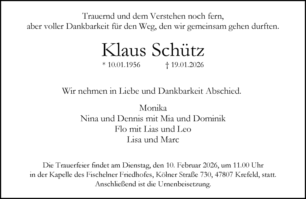  Traueranzeige für Klaus Schütz vom 25.01.2026 aus trauer.panorama-anzeigenblatt.de