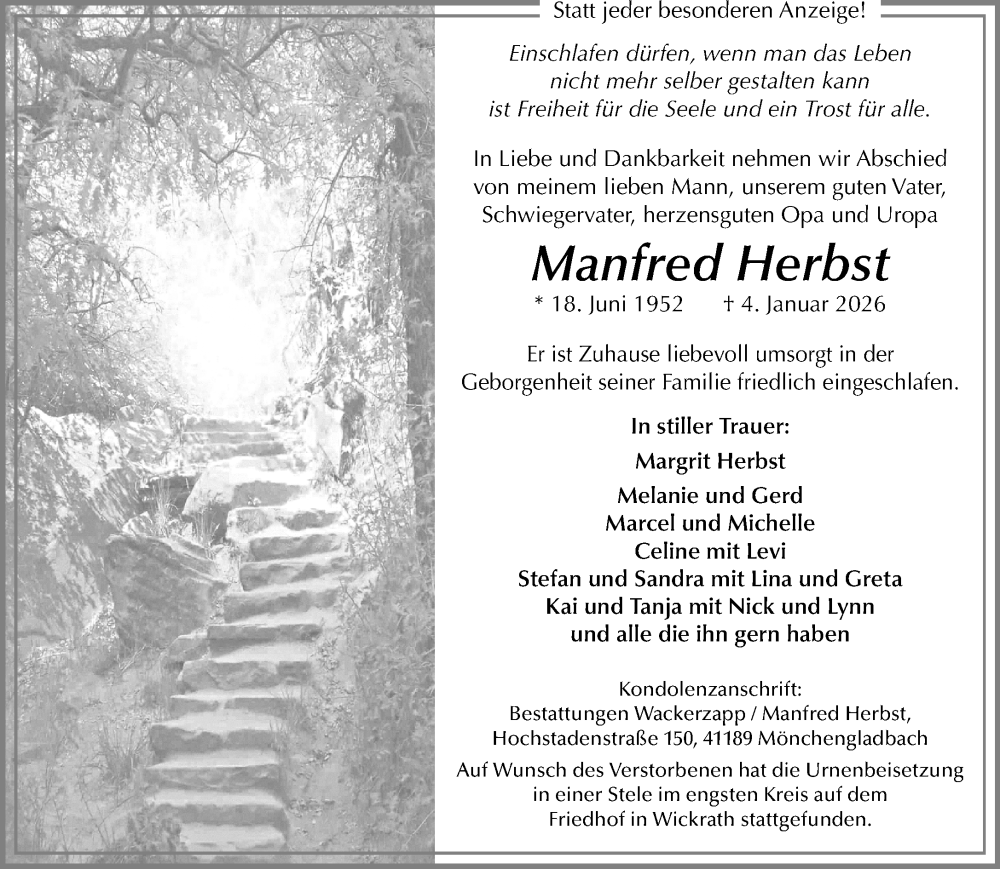  Traueranzeige für Manfred Herbst vom 25.01.2026 aus trauer.panorama-anzeigenblatt.de