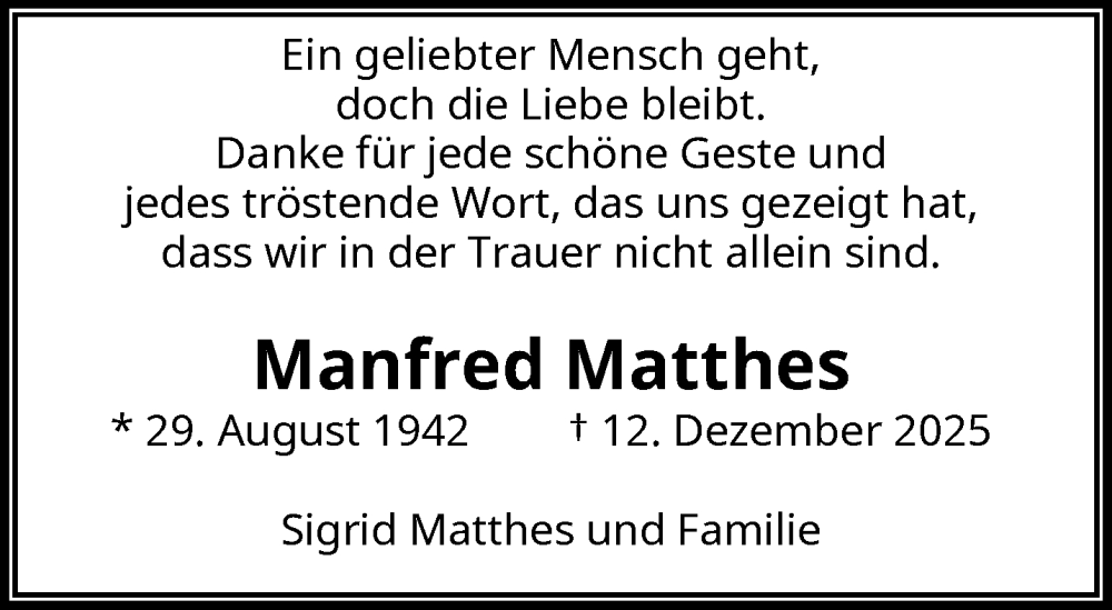  Traueranzeige für Manfred Matthes vom 17.01.2026 aus trauer.wuppertaler-rundschau.de