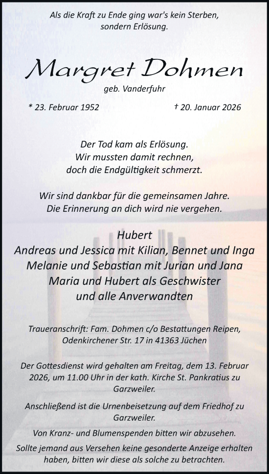 Traueranzeige von Margret Dohmen von trauer.stadt-kurier.de