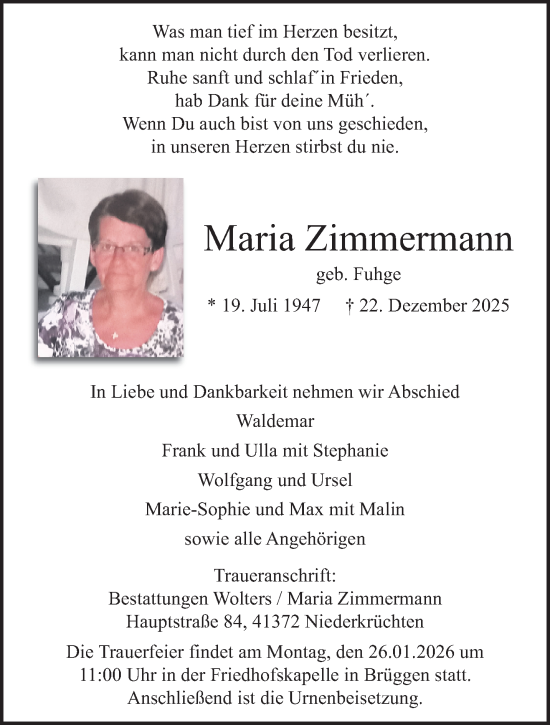 Traueranzeige von Maria Zimmermann von trauer.panorama-anzeigenblatt.de
