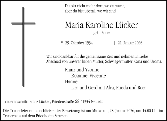 Traueranzeige von Maria Karoline Lücker von trauer.panorama-anzeigenblatt.de