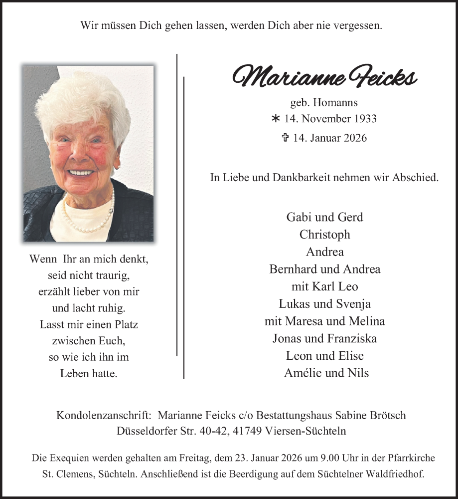  Traueranzeige für Marianne Feicks vom 18.01.2026 aus trauer.panorama-anzeigenblatt.de