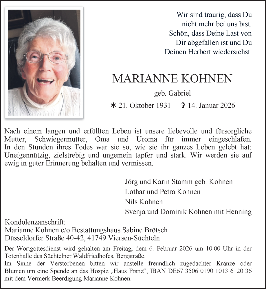  Traueranzeige für Marianne Kohnen vom 25.01.2026 aus trauer.panorama-anzeigenblatt.de