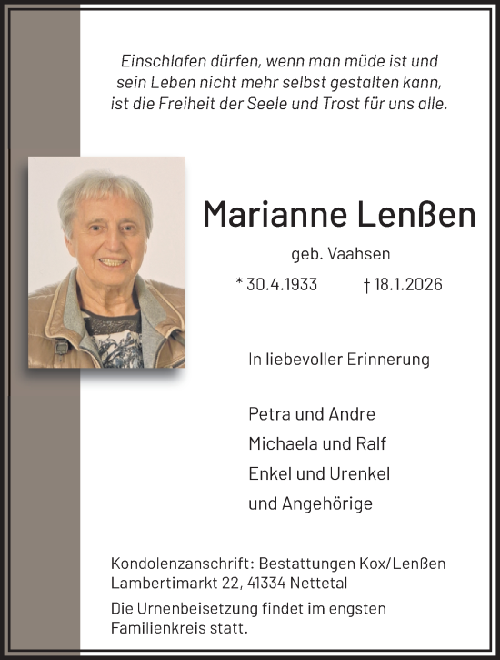 Traueranzeige von Marianne Lenßen von trauer.panorama-anzeigenblatt.de
