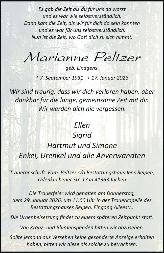  Traueranzeige für Marianne Peltzer vom 24.01.2026 aus trauer.stadt-kurier.de