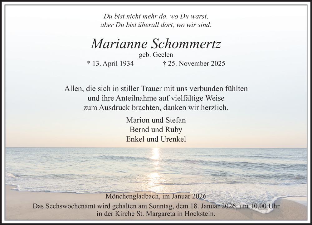  Traueranzeige für Marianne Schommertz vom 11.01.2026 aus trauer.panorama-anzeigenblatt.de