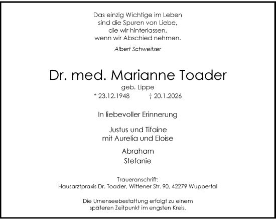 Traueranzeige von Marianne Toader von trauer.wuppertaler-rundschau.de