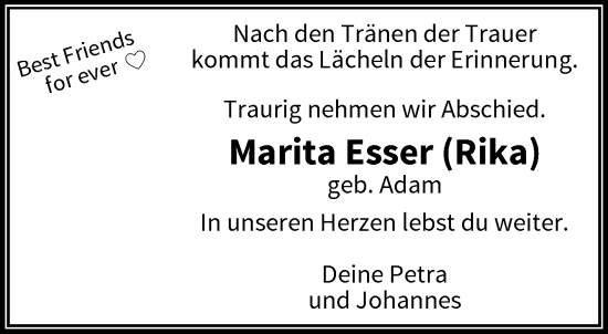 Traueranzeige von Marita Esser von trauer.wuppertaler-rundschau.de