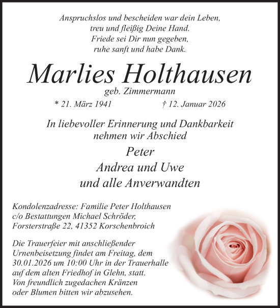 Traueranzeige von Marlies Holthausen von trauer.panorama-anzeigenblatt.de