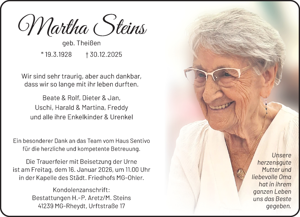  Traueranzeige für Martha Steins vom 11.01.2026 aus trauer.panorama-anzeigenblatt.de