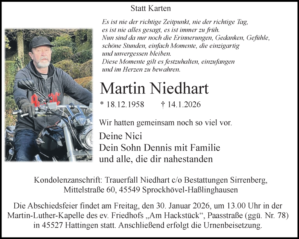  Traueranzeige für Martin Niedhart vom 24.01.2026 aus trauer.wuppertaler-rundschau.de