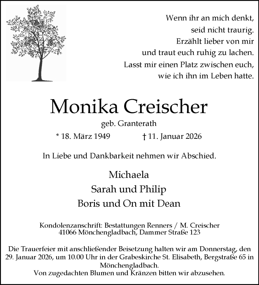  Traueranzeige für Monika Creischer vom 18.01.2026 aus trauer.panorama-anzeigenblatt.de