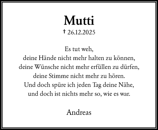 Traueranzeige von Mutti  von trauer.wuppertaler-rundschau.de