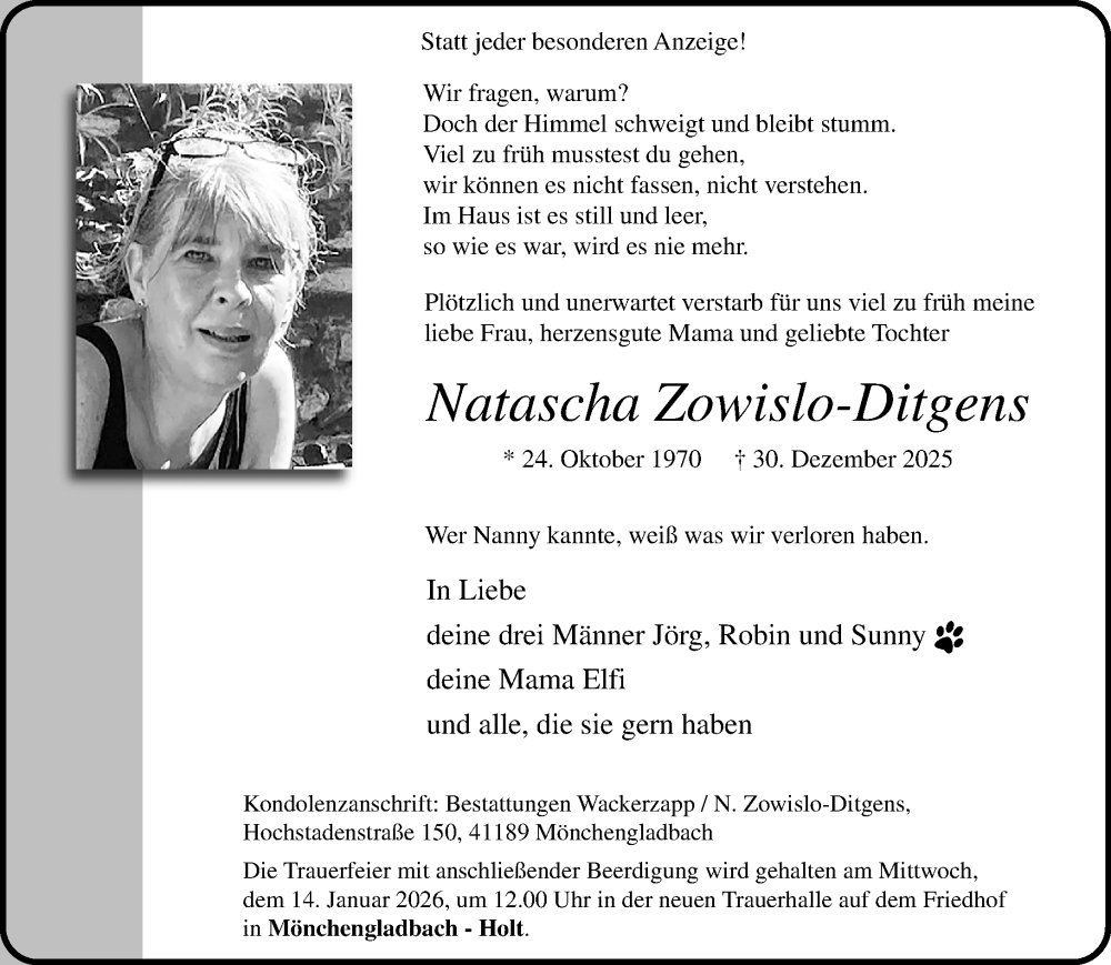  Traueranzeige für Natascha Zowislo-Ditgens vom 11.01.2026 aus trauer.panorama-anzeigenblatt.de