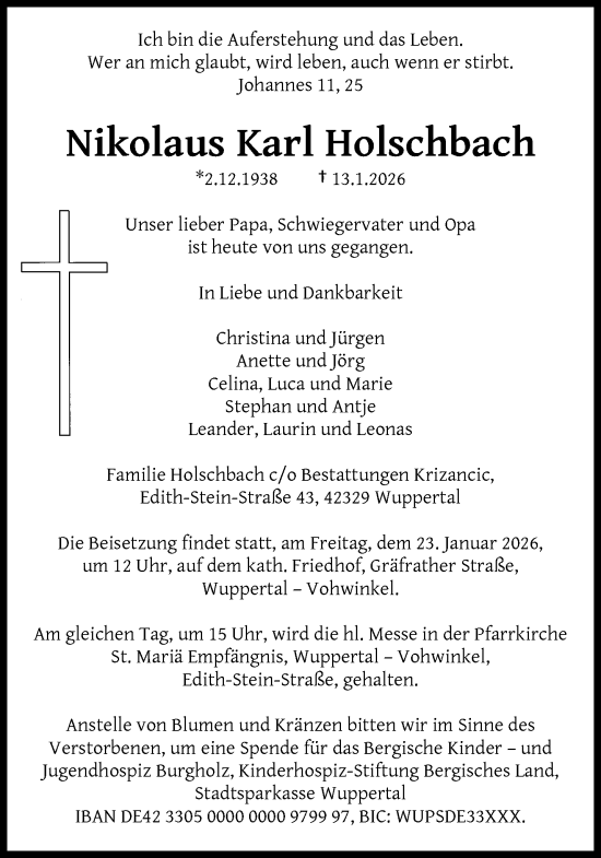 Traueranzeige von Nikolaus Karl Holschbach von trauer.wuppertaler-rundschau.de
