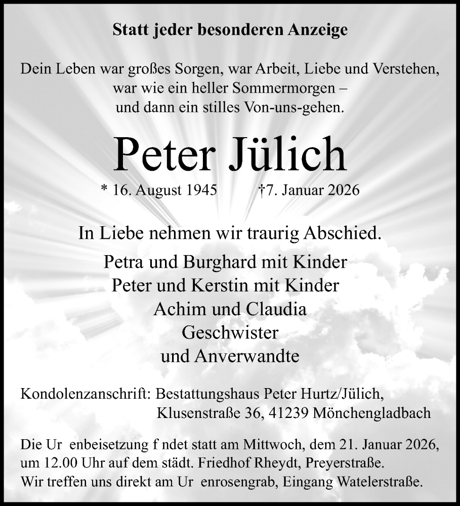  Traueranzeige für Peter Jülich vom 11.01.2026 aus trauer.panorama-anzeigenblatt.de