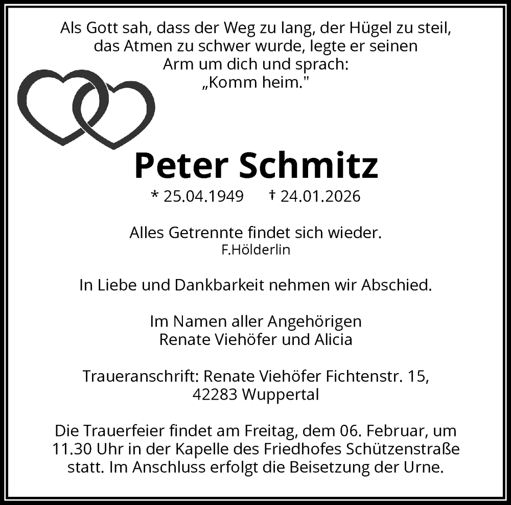  Traueranzeige für Peter Schmitz vom 31.01.2026 aus trauer.wuppertaler-rundschau.de