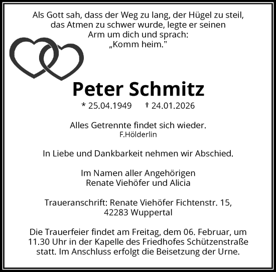 Traueranzeige von Peter Schmitz von trauer.wuppertaler-rundschau.de