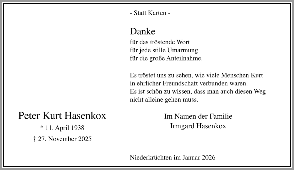  Traueranzeige für Peter Kurt Hasenkox vom 25.01.2026 aus trauer.panorama-anzeigenblatt.de