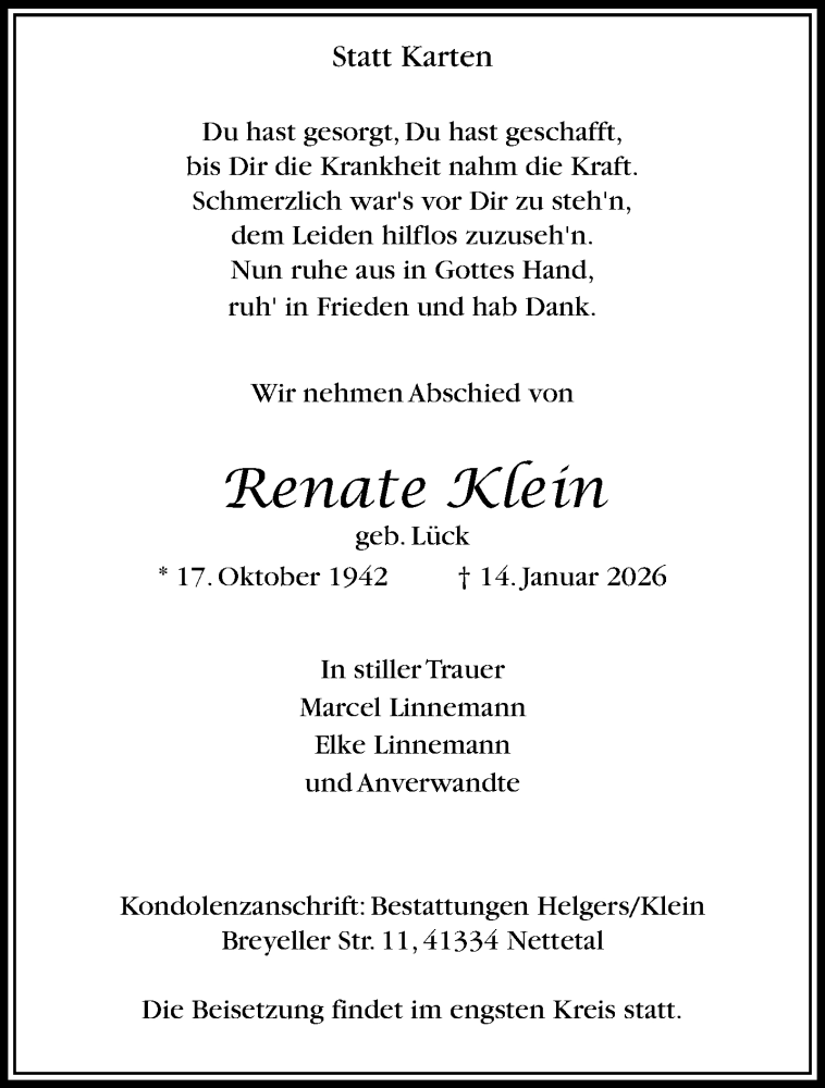  Traueranzeige für Renate Klein vom 18.01.2026 aus trauer.panorama-anzeigenblatt.de