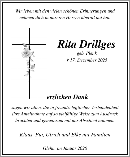 Traueranzeige von Rita Drillges von trauer.panorama-anzeigenblatt.de